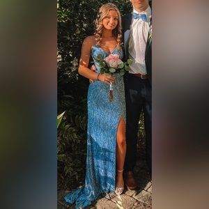 Sherri Hill Periwinkle Fringe Prom Dress